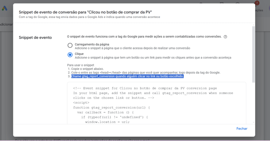 Como chamar o gtag_report_conversion quando clicar no link ou botão?